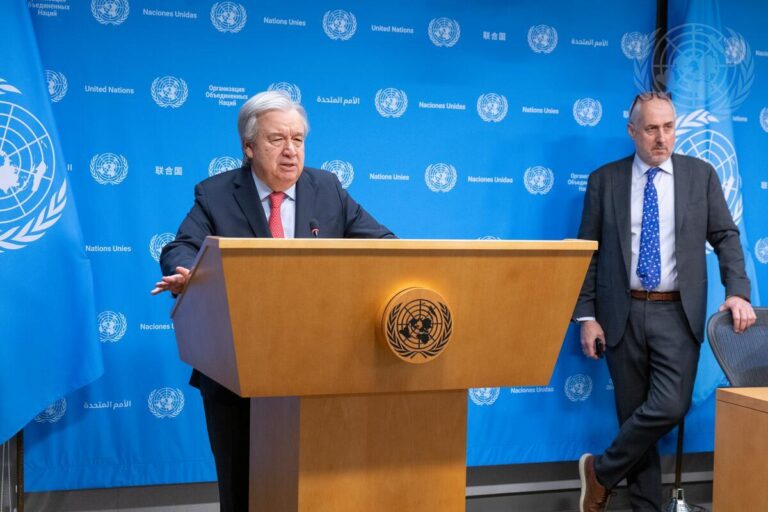Secretary-General António Guterres (at podium) briefs reporters on the situation in Gaza.